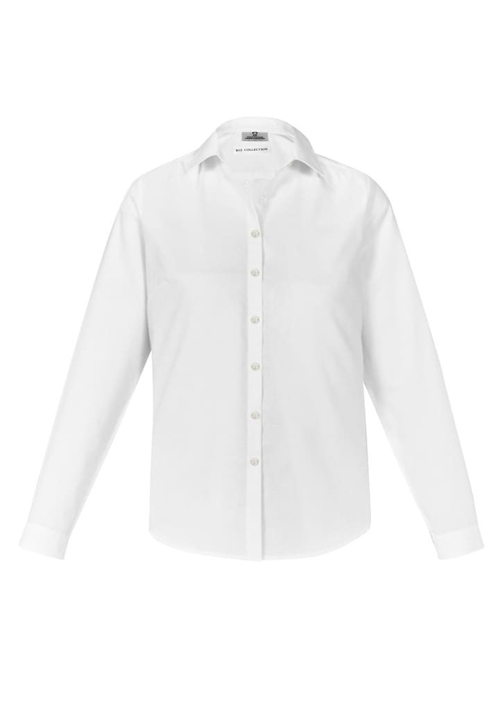 A white long sleeve button-up shirt with a classic collar and a logo on the label.