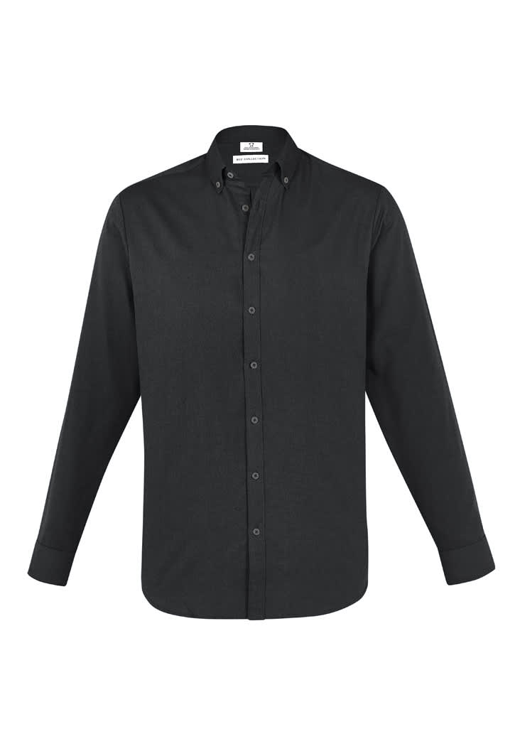 A long sleeve button-up shirt in dark green with a collar and branded label.