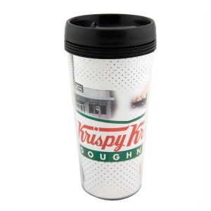 A drink bottle featuring a black lid and a design with various images and a logo, predominantly in white and green.