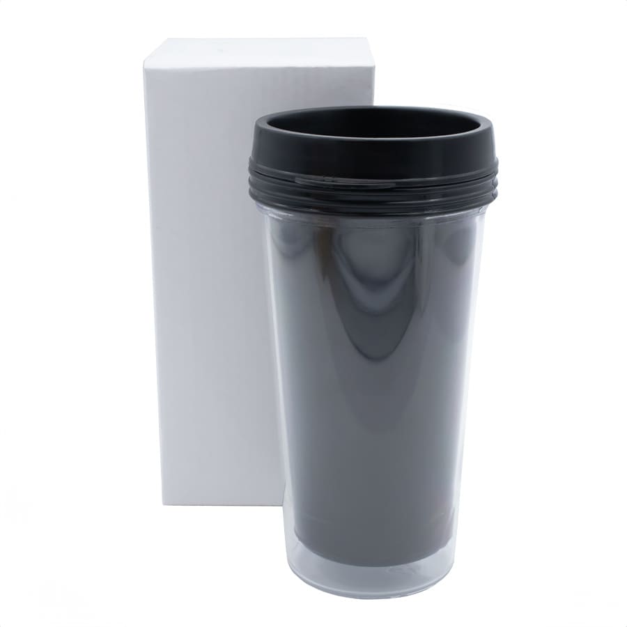 A drink bottle in black and clear, featuring a lid and presented in a white box.