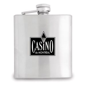 A stainless steel hip flask with a screw-top lid and a logo on the front. The flask holds 180mL.