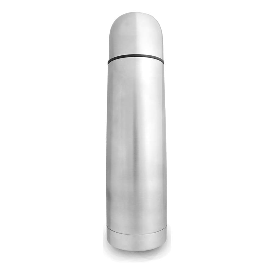 A drink bottle with a sleek, silver stainless-steel design and a rounded cap, featuring a logo.