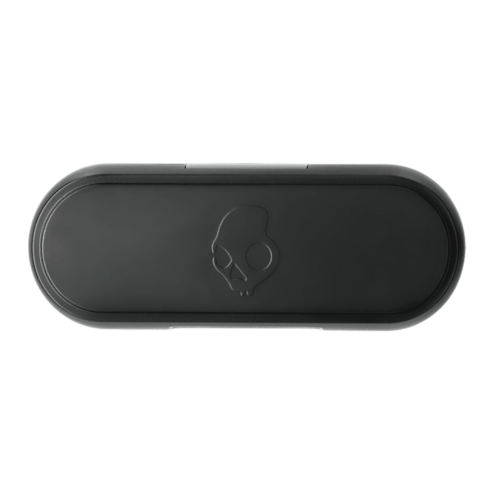 A black charging case for earbuds featuring a logo on the lid.