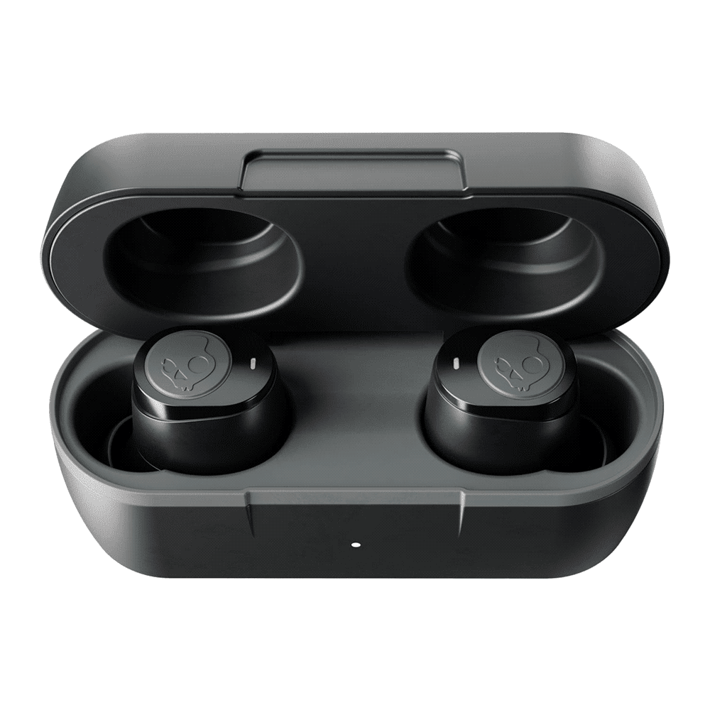 A pair of black earbuds inside a compact charging case, with a sleek design and branding.