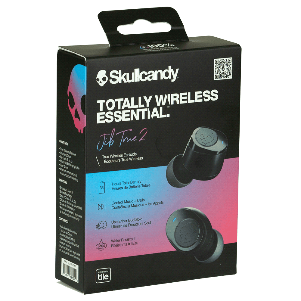 A box of Skullcandy Jib True 2 earbuds in black with a logo, featuring details about battery and controls.
