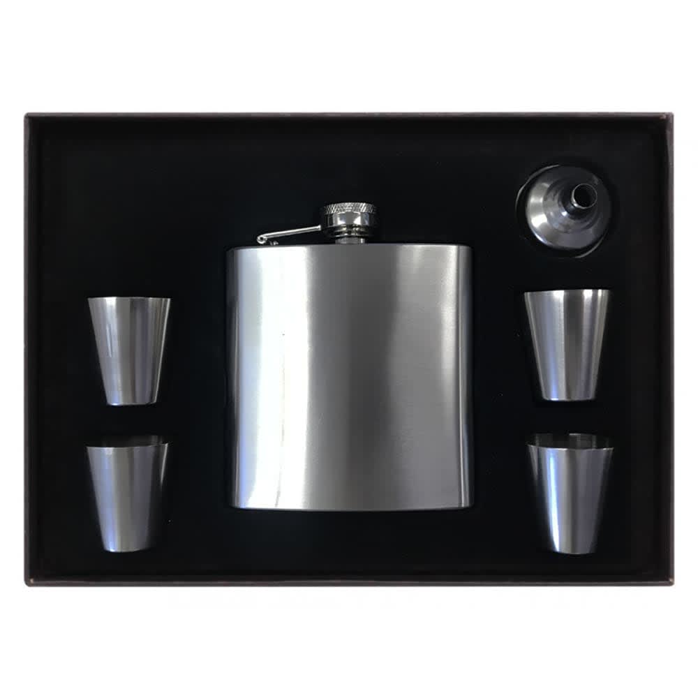 A drink bottle gift set featuring a silver flask, four stainless steel cups, and a pouring funnel in a black box.