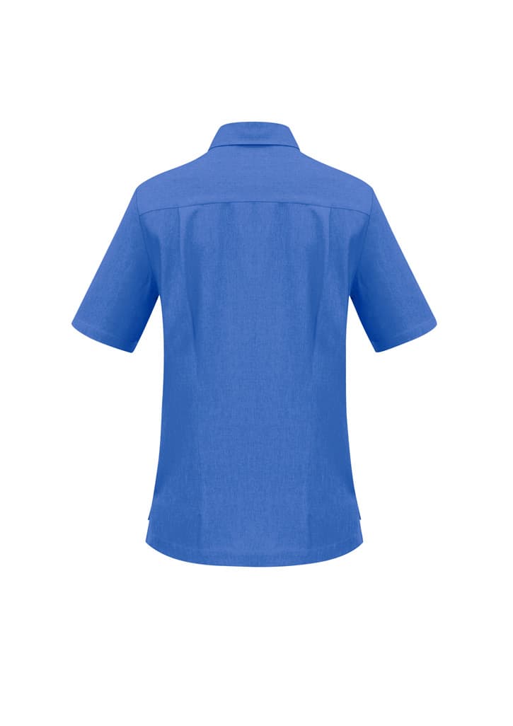 A blue ladies overblouse with short sleeves and a collar, featuring a logo on the back.