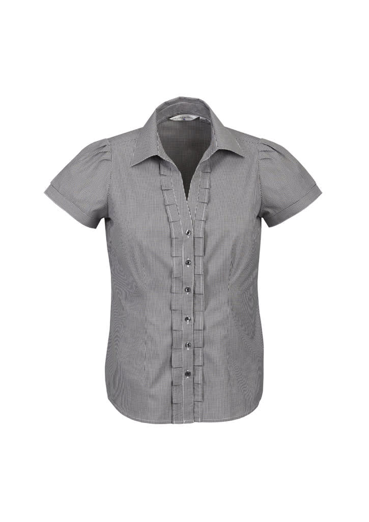 A short sleeve button-up shirt in a grey and white pinstripe pattern, featuring a fitted design and a front button closure.