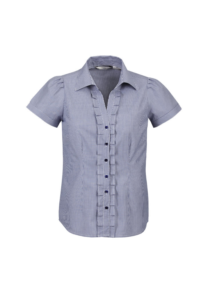 A short sleeve button-up shirt in blue and white stripes, featuring a ruffled front and a logo.