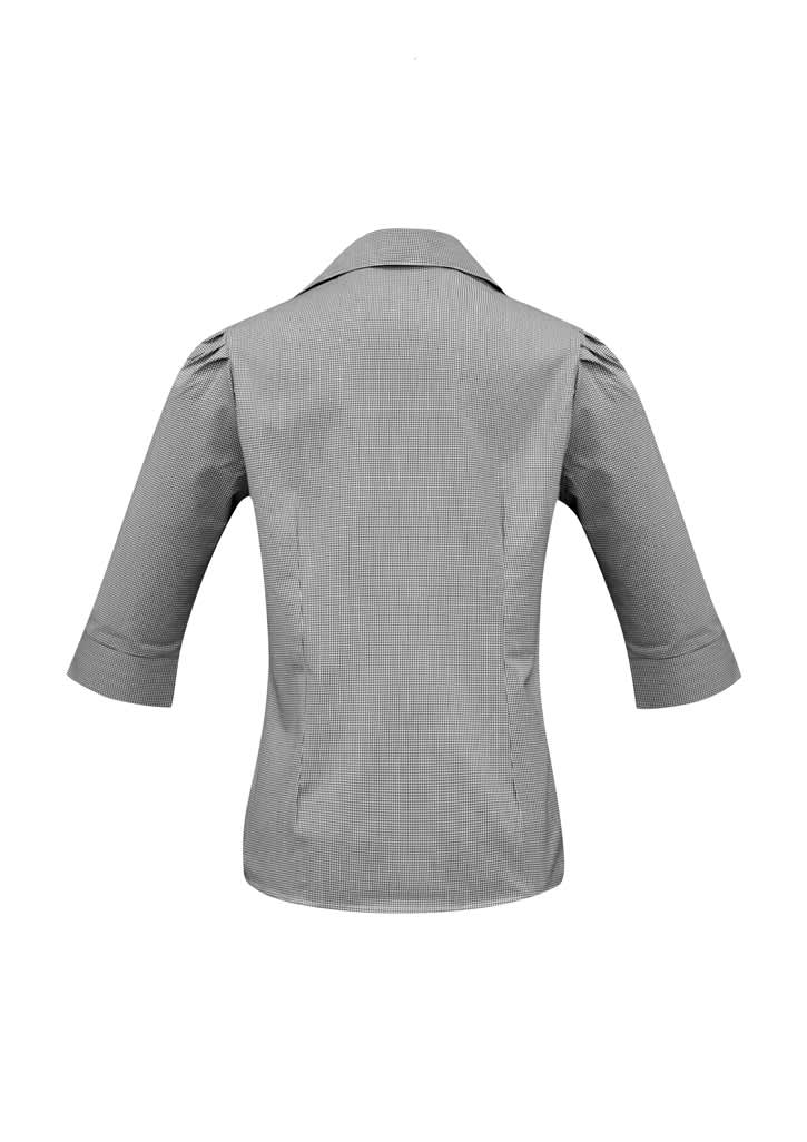 A 3/4 sleeve button-up shirt in grey with a fitted back and a collar, featuring subtle striped patterns.