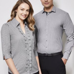 A grey and white striped button-up shirt for men, featuring a classic collar and full-length sleeves, alongside a woman’s similar styled shirt.