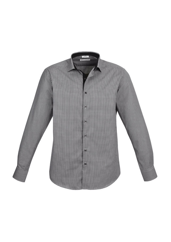 A long sleeve button-up shirt in grey with a subtle check pattern and a branded label on the collar.