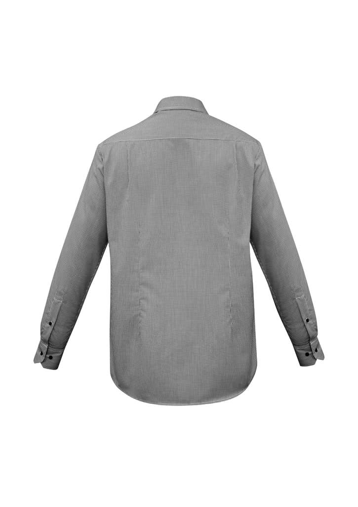 A long sleeve button-up shirt in a grey check pattern with a tailored back and buttoned cuffs.
