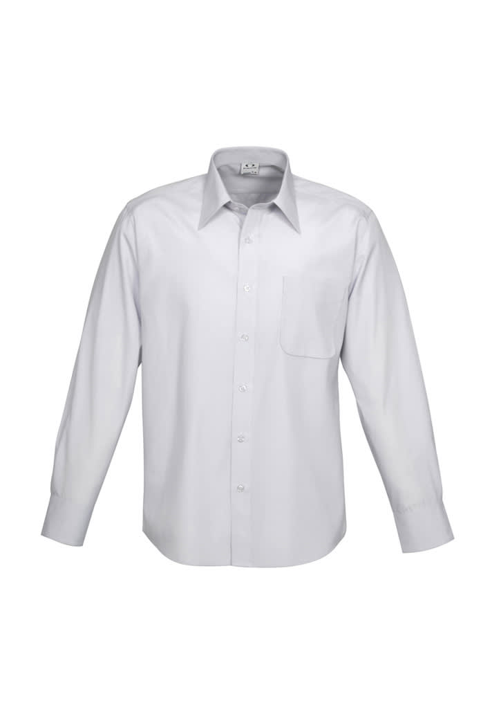 A long sleeve button-up shirt in white with a single chest pocket and a branded logo.
