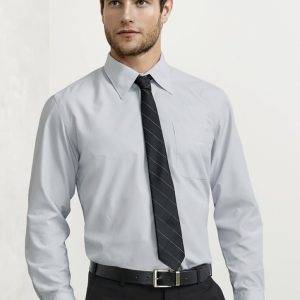 A light grey long sleeve button-up shirt with a pocket, worn with a black tie and trousers. It features a logo.