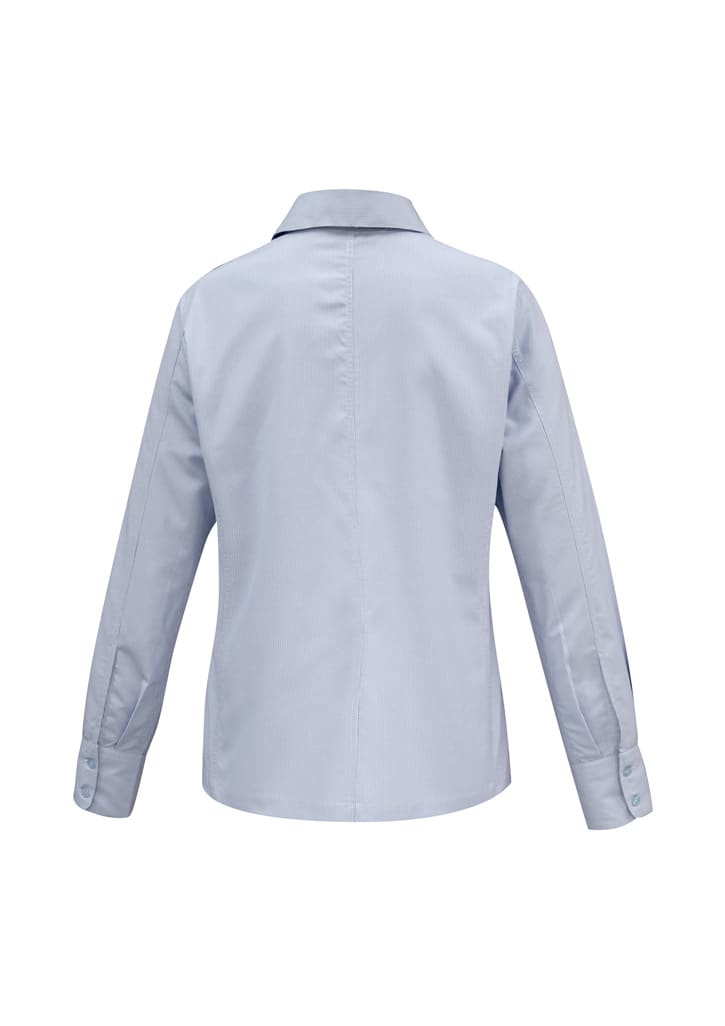 A women's long sleeve button-up shirt in light blue, featuring a collared neck and a logo on the back.