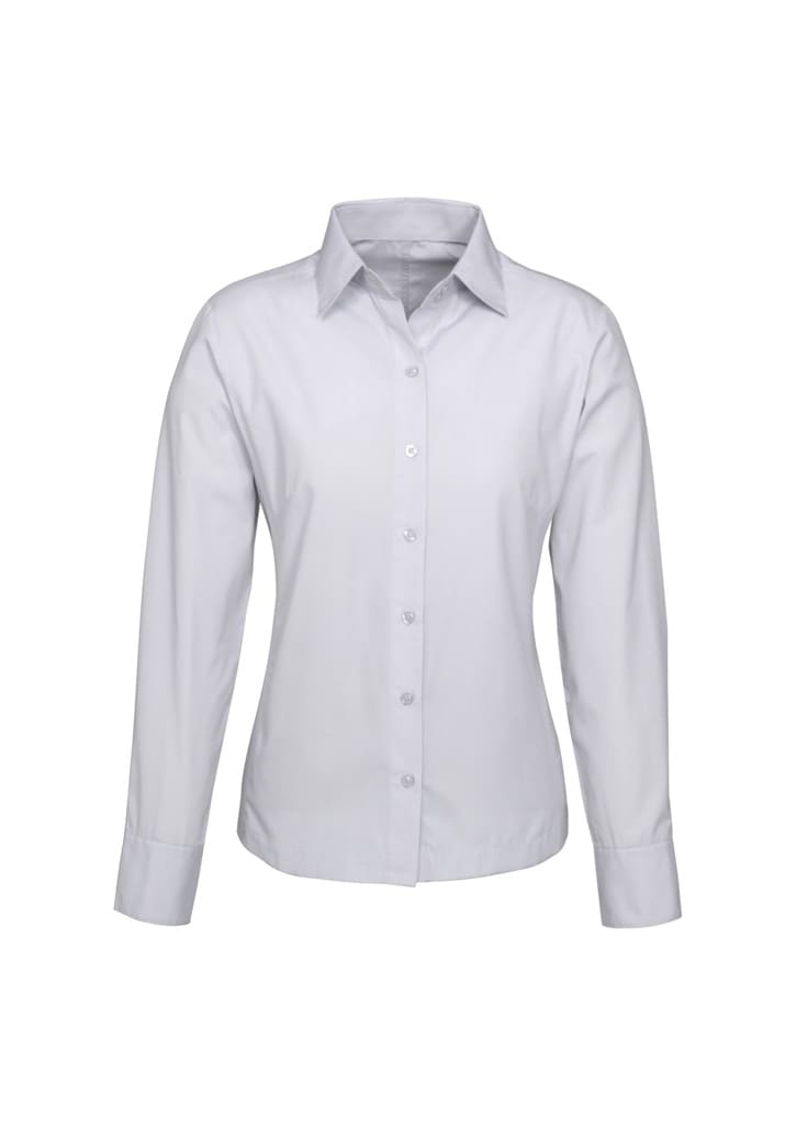 A long sleeve women's button-up shirt in a light grey colour, featuring a collar and a front button closure.