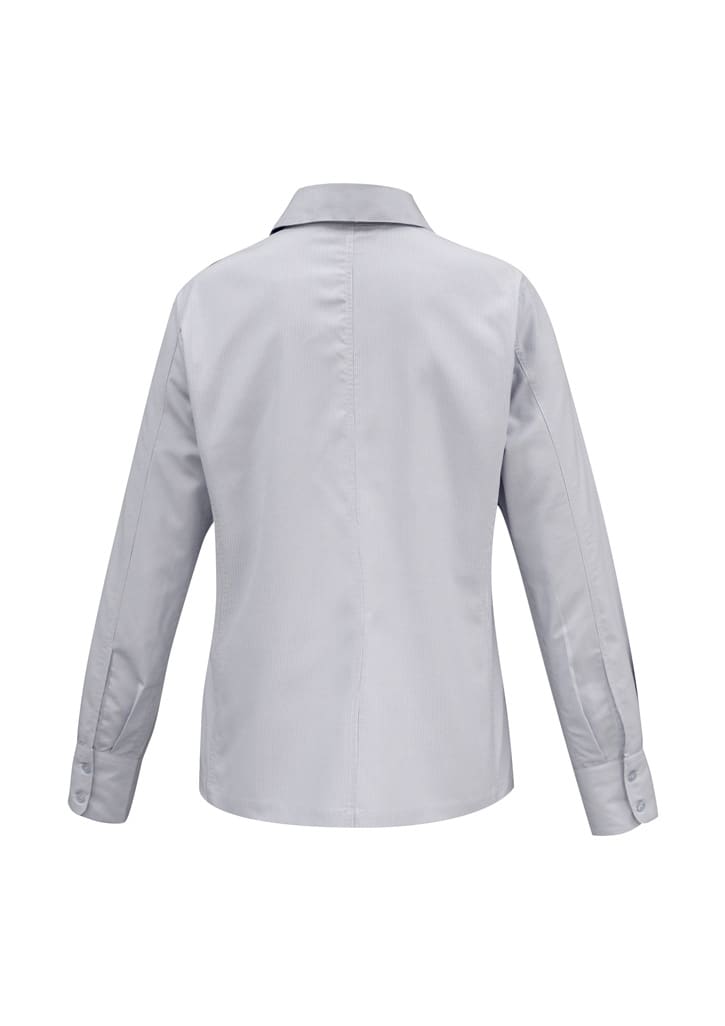 A women's button-up long sleeve shirt in light grey with a collar and sleeves buttoned at the cuffs.