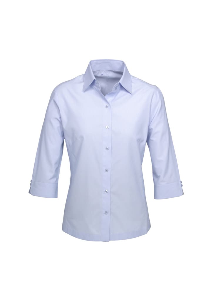 A light blue women's button-up shirt with 3/4 sleeves and a collar, featuring a small logo on the chest.