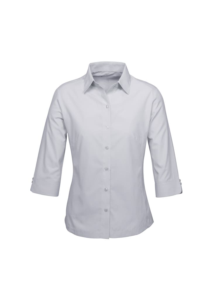 A women's button-up shirt in light grey with 3/4 sleeves and a classic collar, featuring button details on the sleeves.
