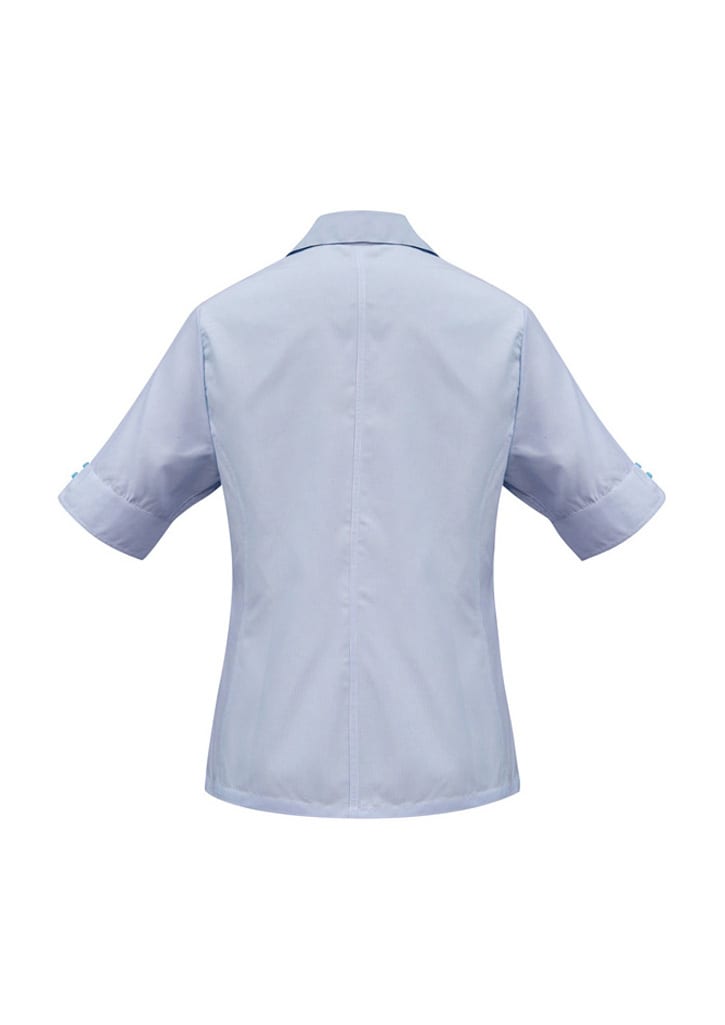 A blue women's button-up shirt with short sleeves and a collar, featuring a logo.