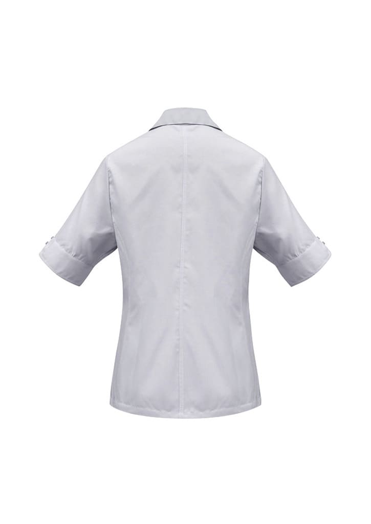 A women's short sleeve button-up shirt in light grey, featuring rolled cuffs and a simple design. It has a logo.