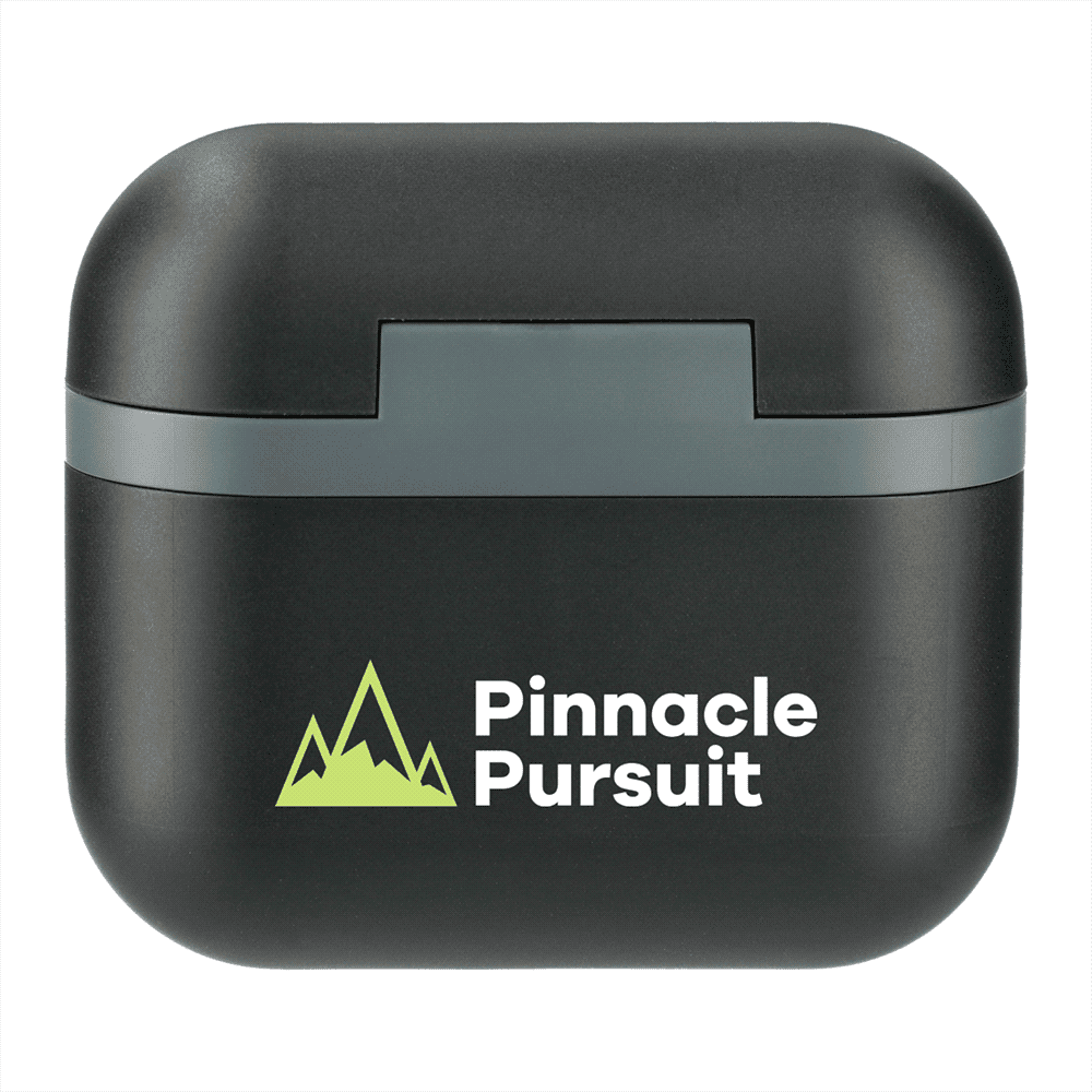 True wireless earbuds in black with a charging case, displayed next to a smartphone showing a music player interface.