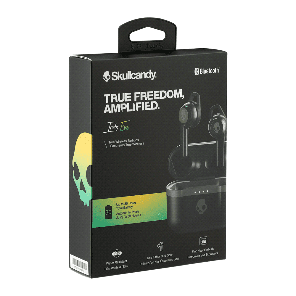 A packaging box for Skullcandy Indy EVO True Wireless earbuds in black and green, featuring a logo.