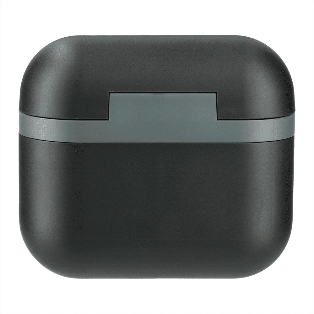 True wireless earbuds in black with a matching charging case and a smartphone displaying music playback.