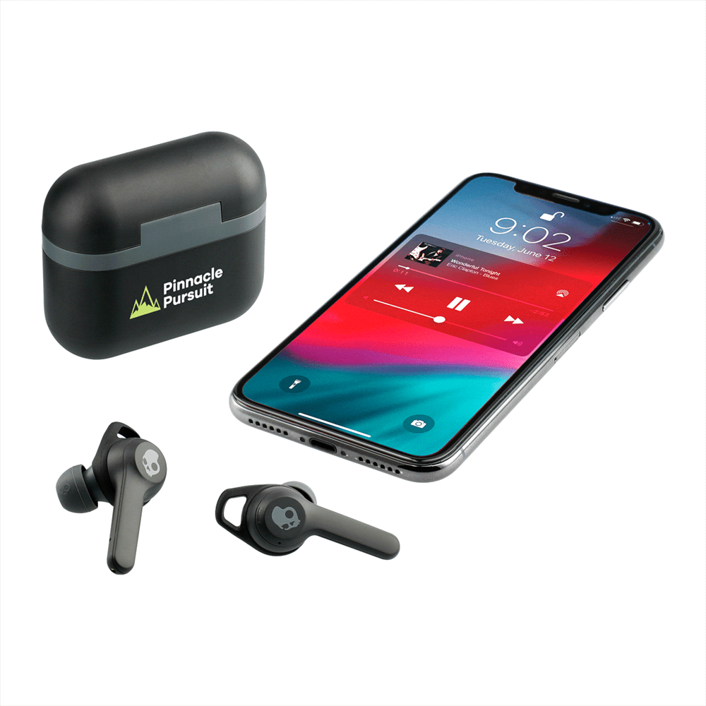 A black charging case for true wireless earbuds with a grey band and a logo featuring mountains.