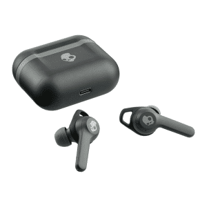True wireless earbuds in black with a matching charging case, featuring a logo on the case.