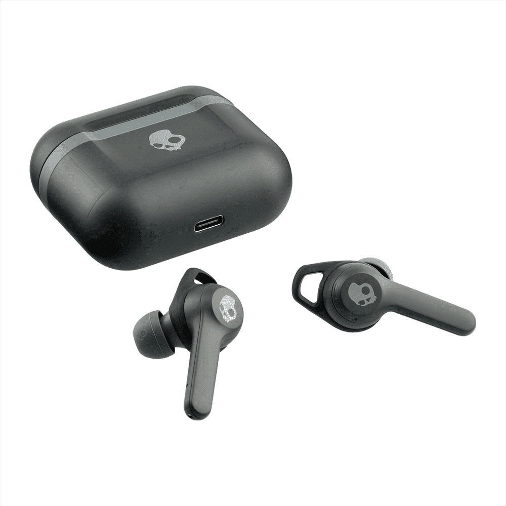 True wireless earbuds in black with a matching charging case, featuring a logo on the case.