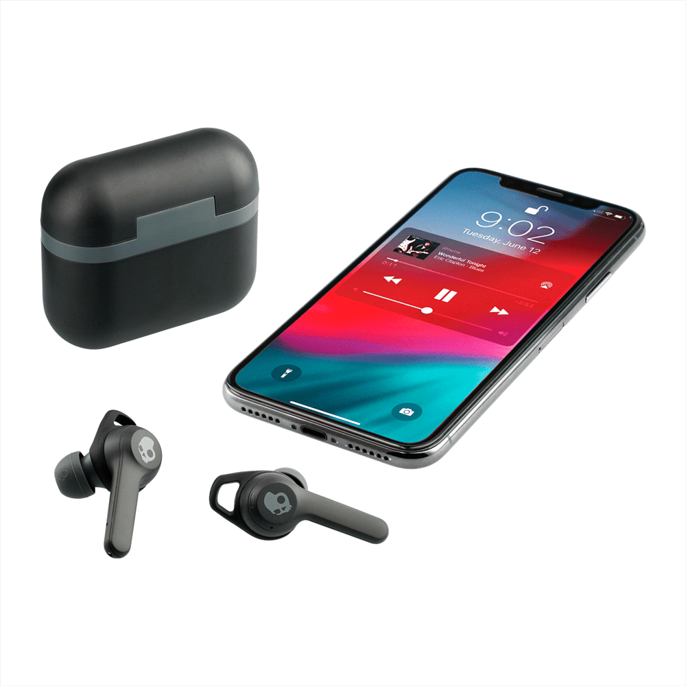 A black charging case with a grey band, designed for true wireless earbuds, featuring a logo.
