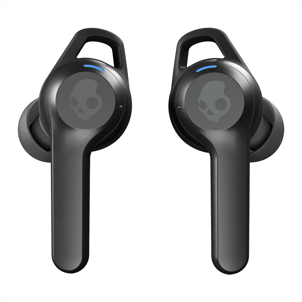 True wireless earbuds in black with a logo, featuring a sleek design and blue indicator light.