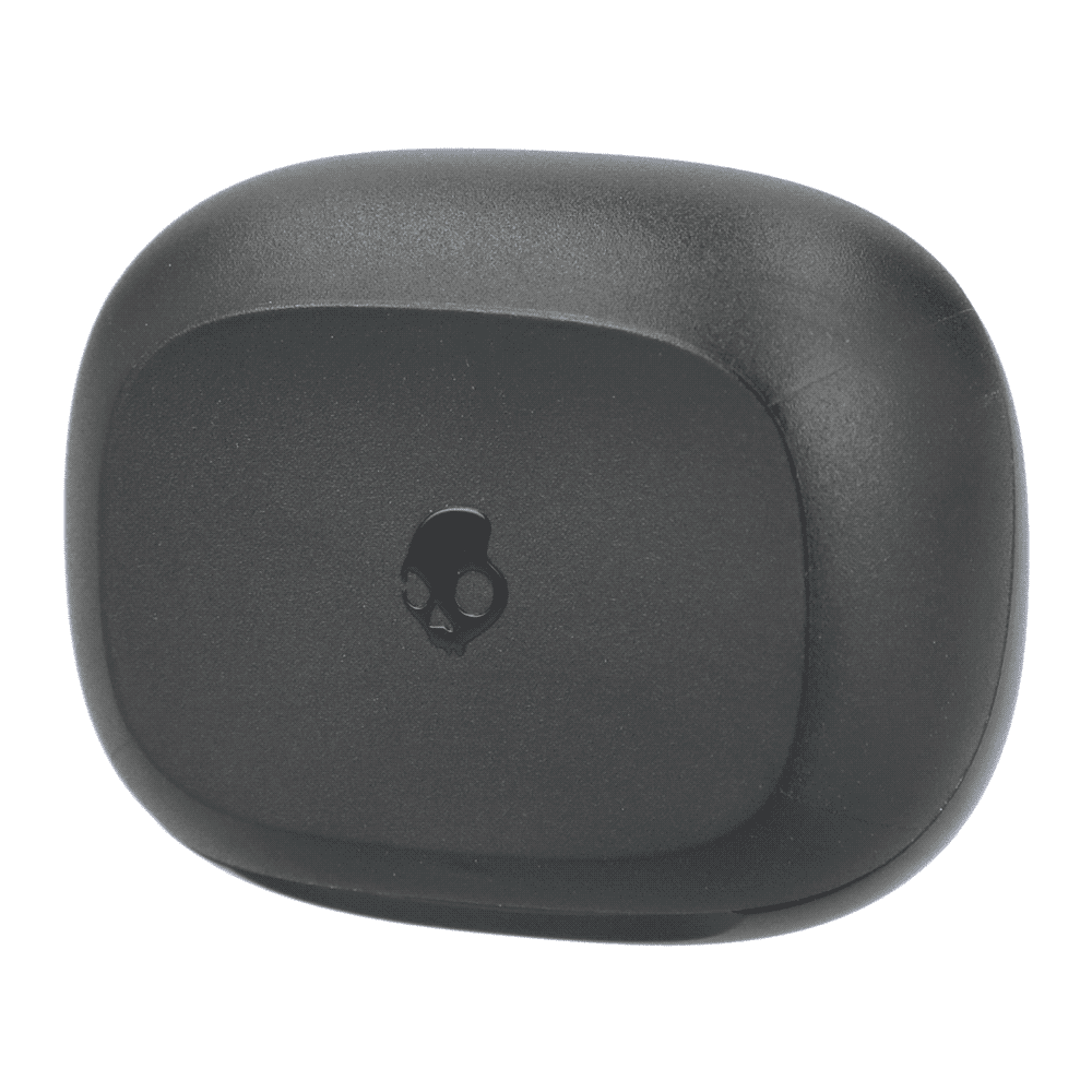 A black charging case for earbuds with a branding logo visible on the surface.