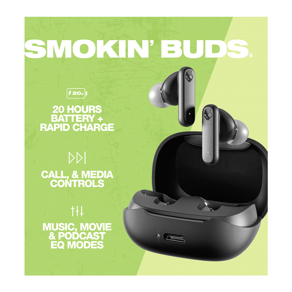 A pair of grey Skullcandy Smokin' Buds earbuds in their charging case on a bright green background.