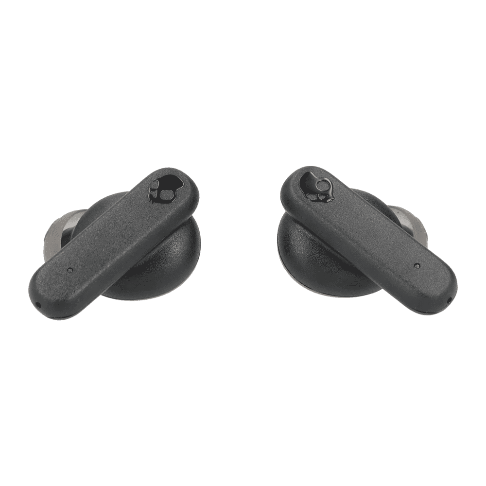 Black earbuds with a sleek design, featuring a prominent logo on one side.