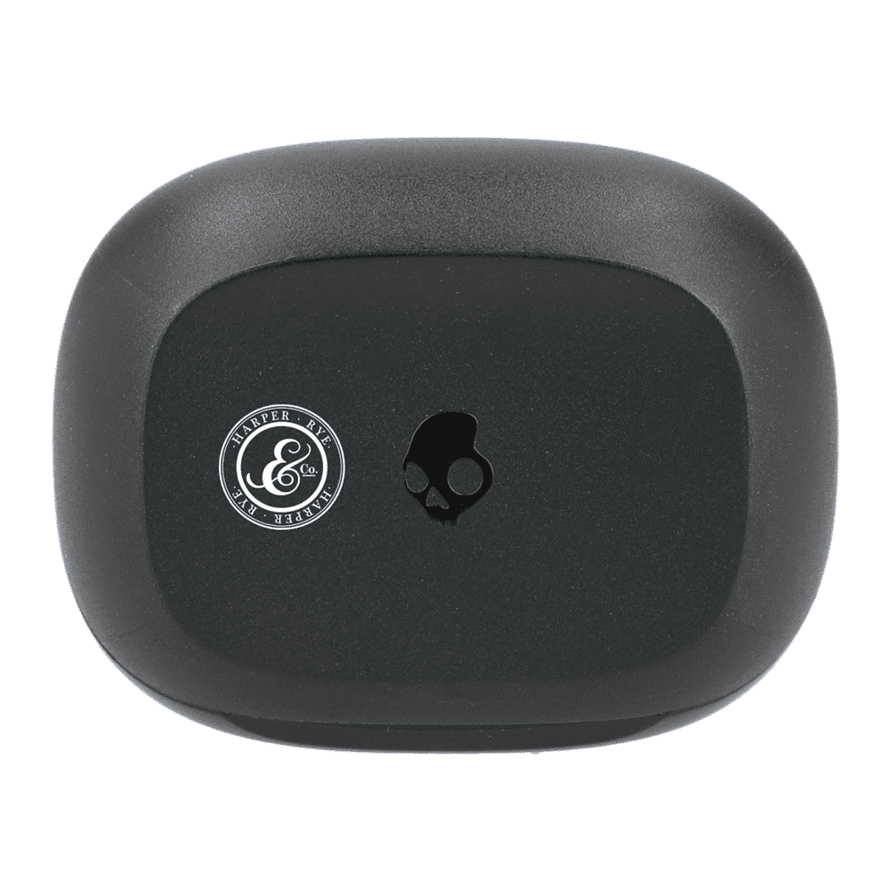 A black charging case for Skullcandy Smokin' Buds earbuds featuring a logo on the front.