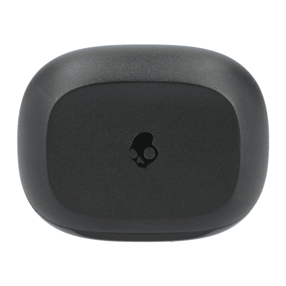 A black earbud case with a minimalist design and a logo on the front.