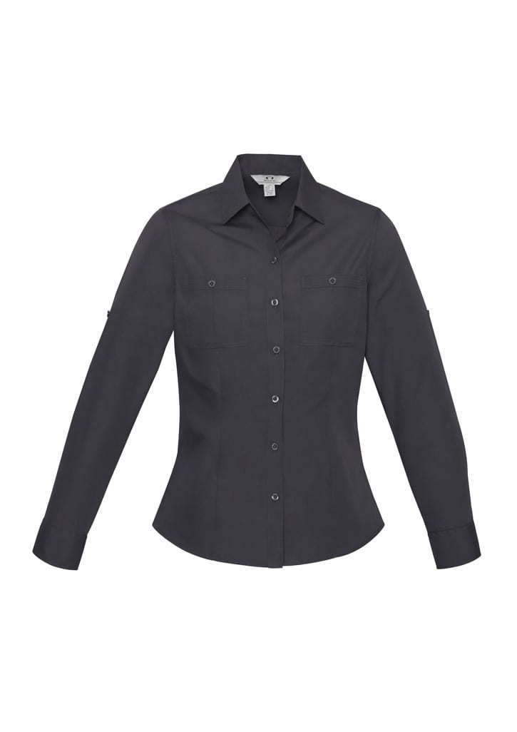 A women's long sleeve button-up shirt in dark grey, featuring two front pockets and a collar.