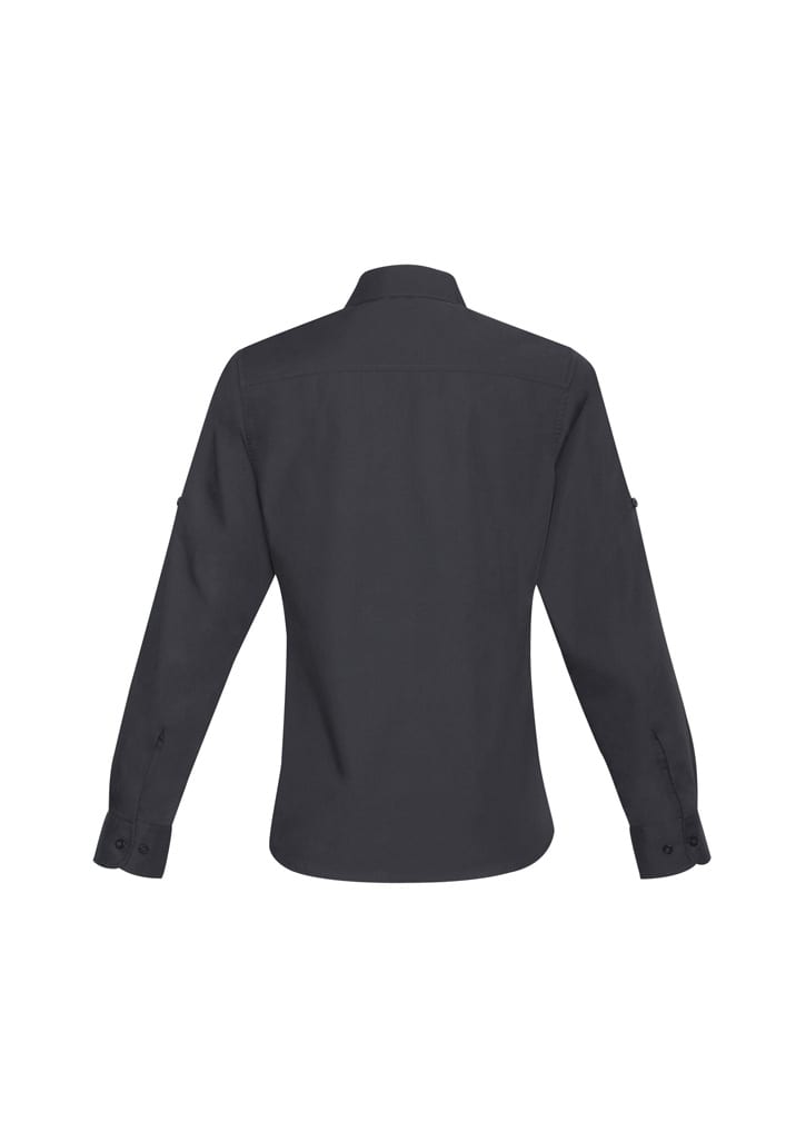 A dark grey long sleeve shirt with a button-up design and arm pockets. Features a collar and buttoned cuffs.