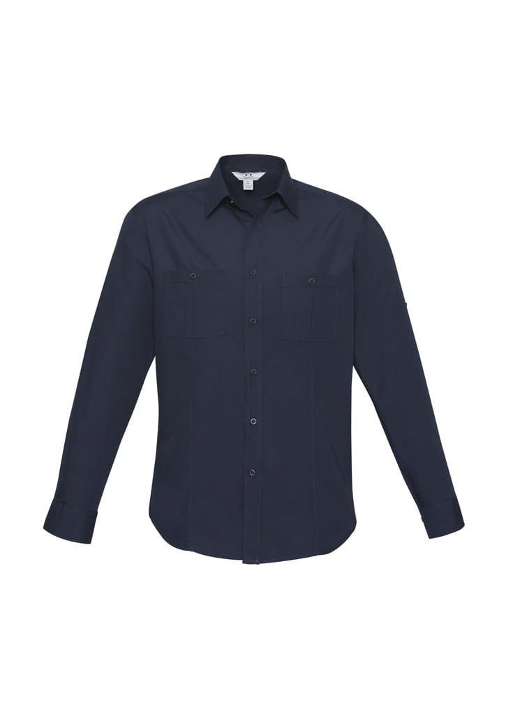 A long sleeve button-up shirt in navy blue with two chest pockets and branding on the sleeve.