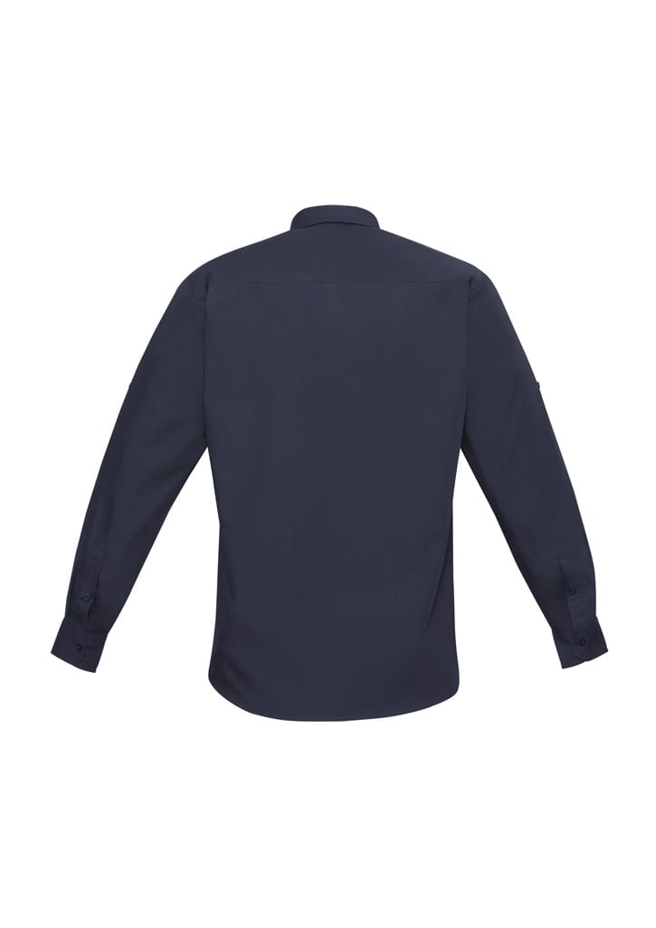 A navy long sleeve button-up shirt with a collar and cuffs, featuring a logo on the sleeve.
