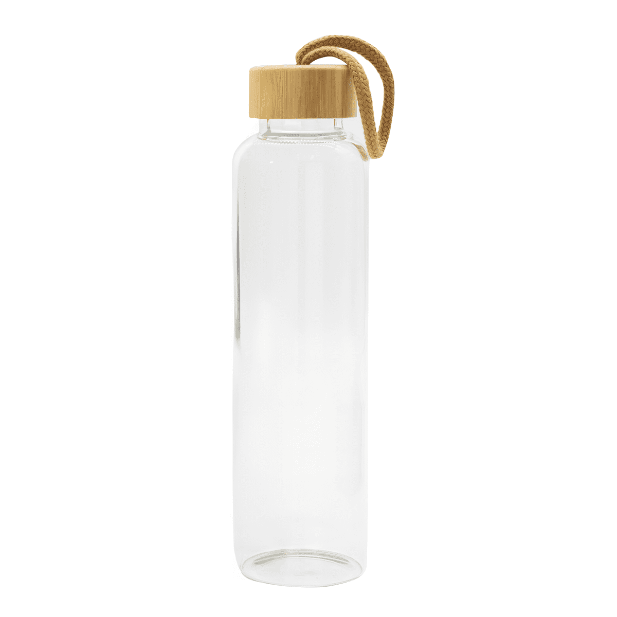 A drink bottle with a clear body and bamboo lid, featuring a rope handle for easy carrying.