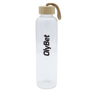 A drink bottle made of clear glass with a wooden lid and a rope handle, featuring a logo on the side.
