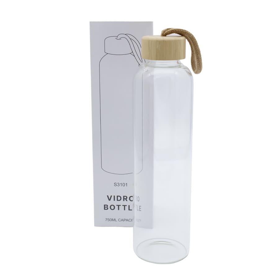 A drink bottle with a clear glass body, wooden lid, and a rope loop, showcasing a minimalist design.