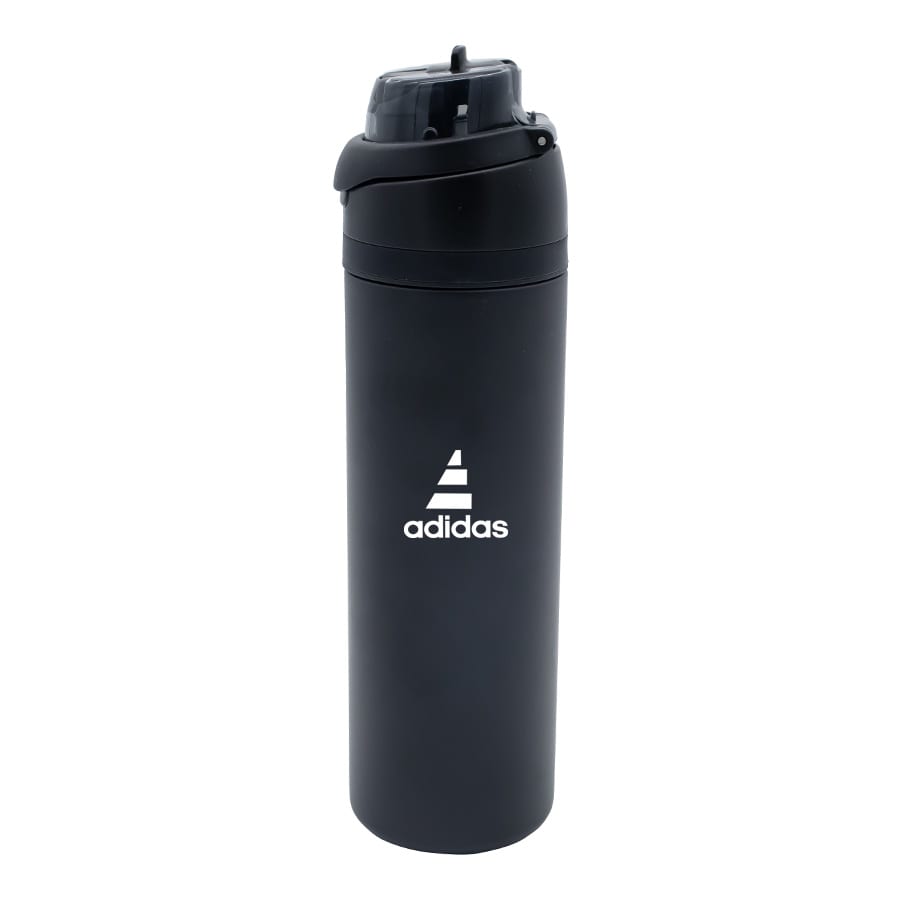 A drink bottle in matte black with a spout lid and a logo. Ideal for hydration on the go.