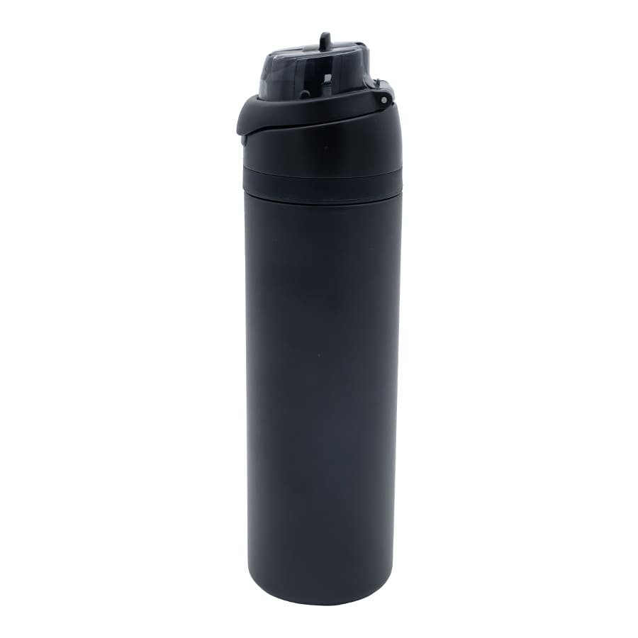 A drink bottle in matte black with a flip-top lid and a sleek, cylindrical design. It features a branding logo.