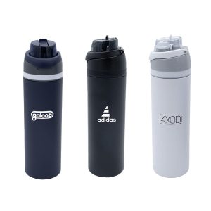 A drink bottle trio in navy, black, and white, featuring various logos on sleek designs.