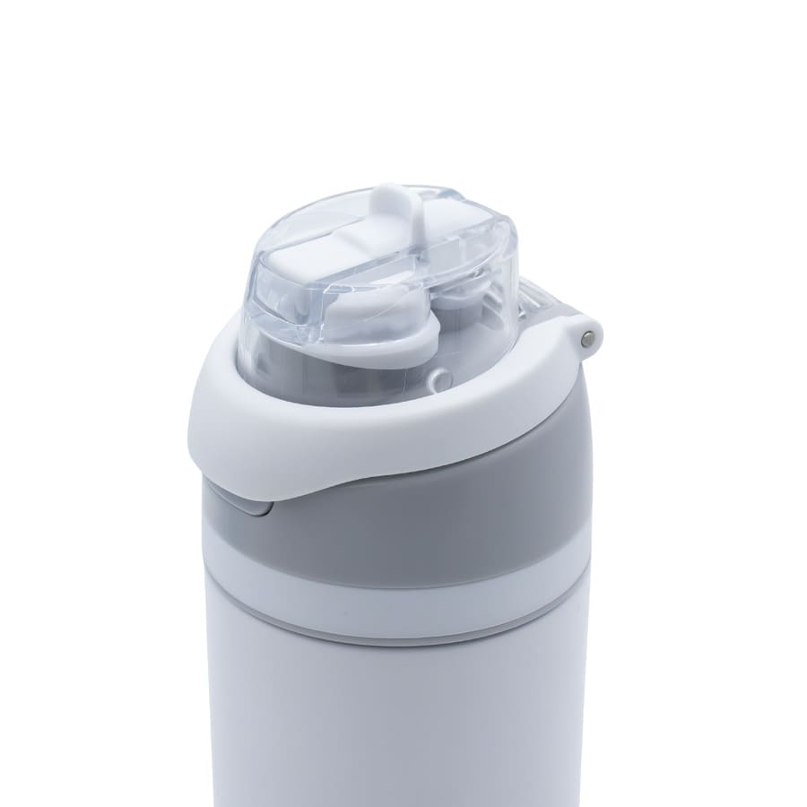 A drink bottle in white and grey with a twist cap and built-in straw. Features a logo on the body.